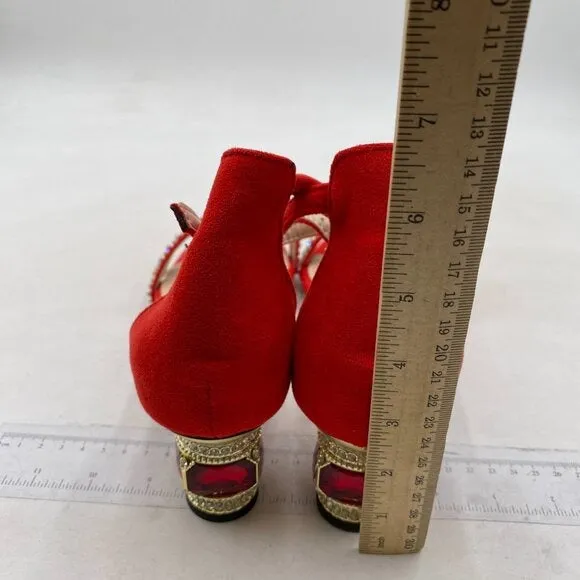 FSJ Women Sparkly Open Toe Rhinestone Low Block Heel Sandals Crystal Strap Red
