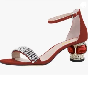 FSJ Women Sparkly Open Toe Rhinestone Low Block Heel Sandals Crystal Strap Red