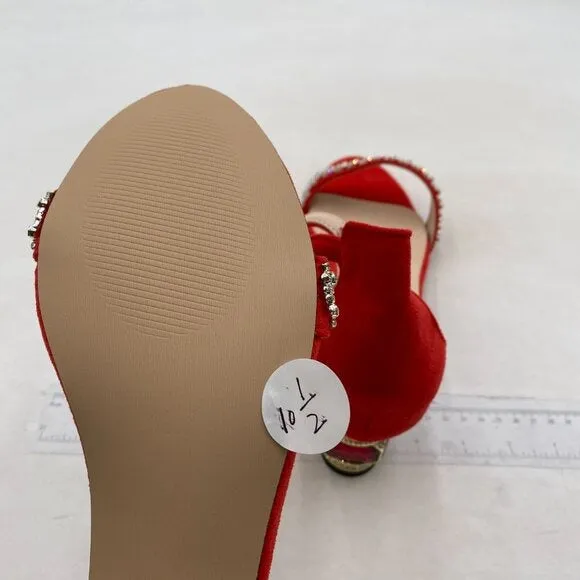 FSJ Women Sparkly Open Toe Rhinestone Low Block Heel Sandals Crystal Strap Red