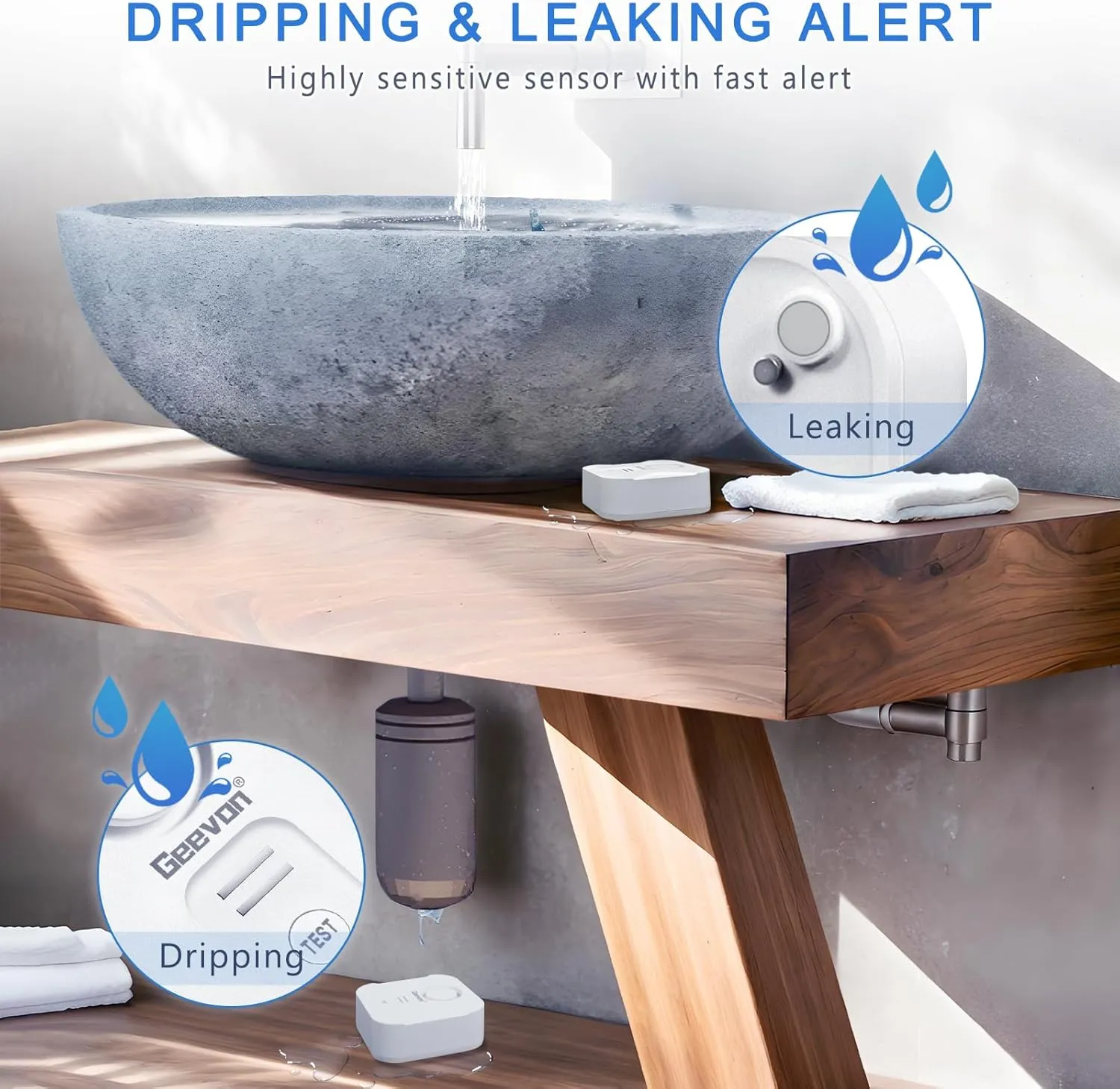 Geevon 3 Pack Water Leak Detectors for Home, 100dB Loud Water Sensor Alarm Leak Detectors with Drip Alert for Kitchen, Basements, Laundry Rooms, IP56 Waterproof(Battery Included)
