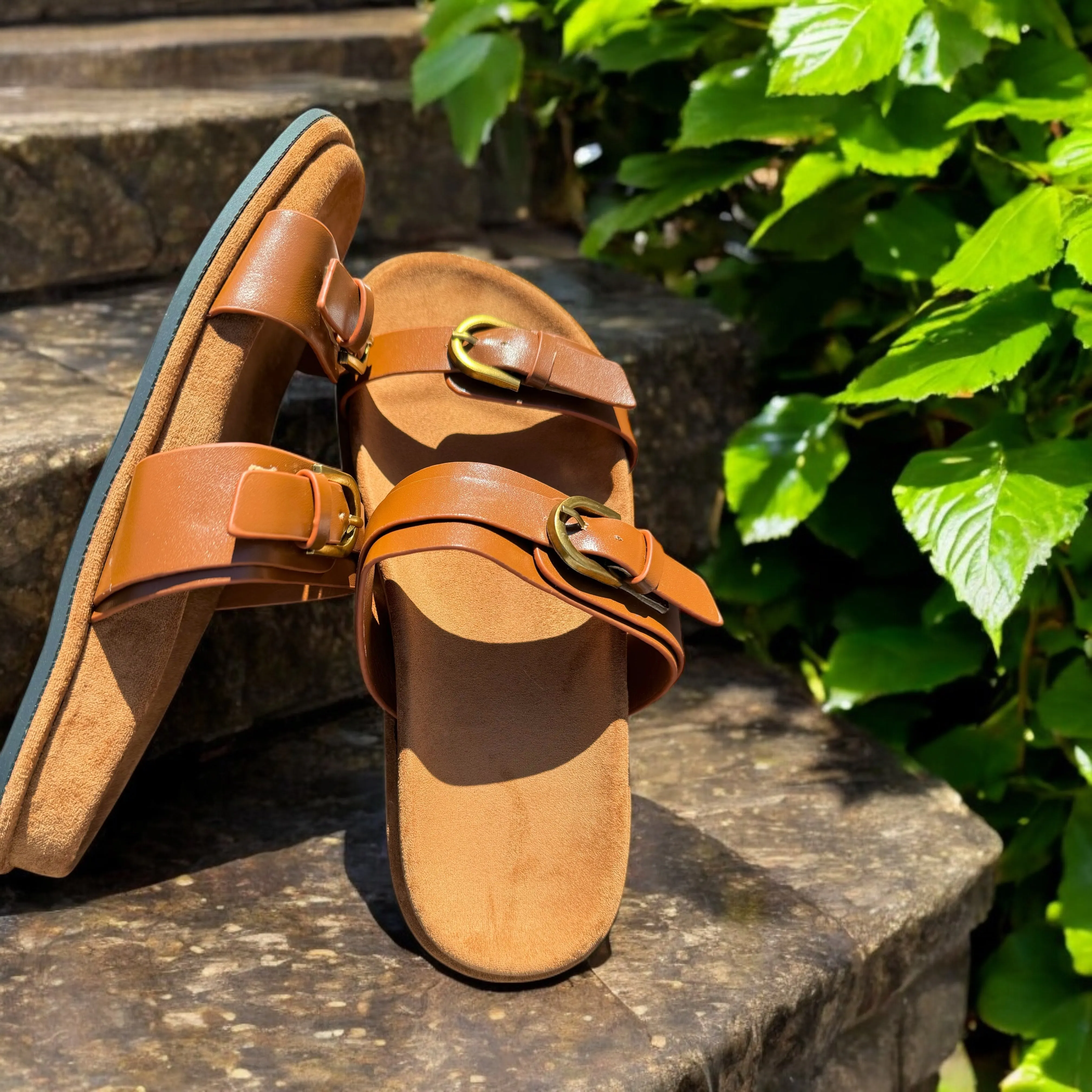 Gold Buckle Faux Leather Sandal - Tan