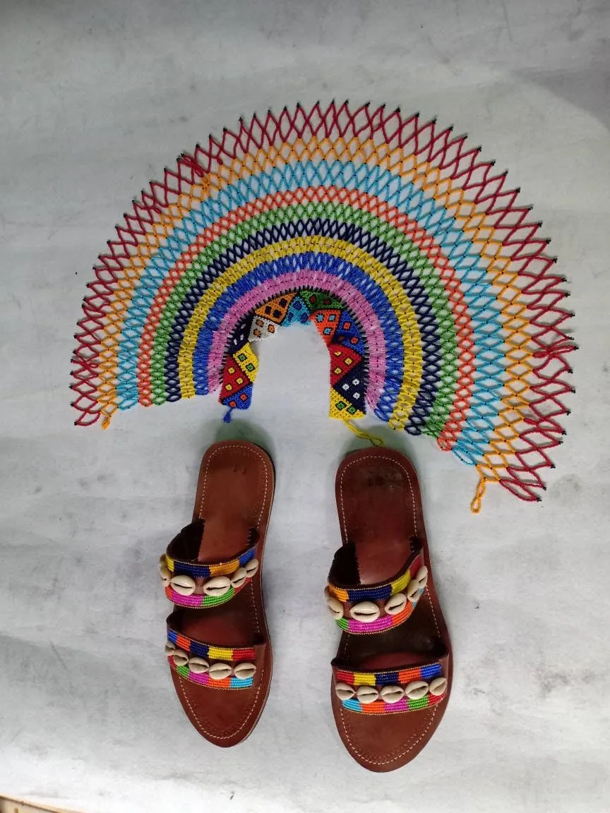 Handmade African Beaded Sandals/Authentic Maasai-Style Leather Flip-Flops Women/Boho Beach Sandals/Comfortable Summer Sandal African Gifts