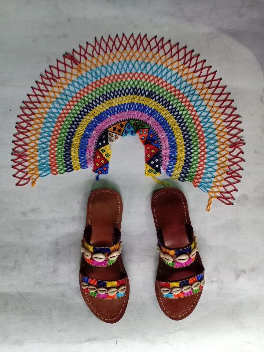 Handmade African Beaded Sandals/Authentic Maasai-Style Leather Flip-Flops Women/Boho Beach Sandals/Comfortable Summer Sandal African Gifts