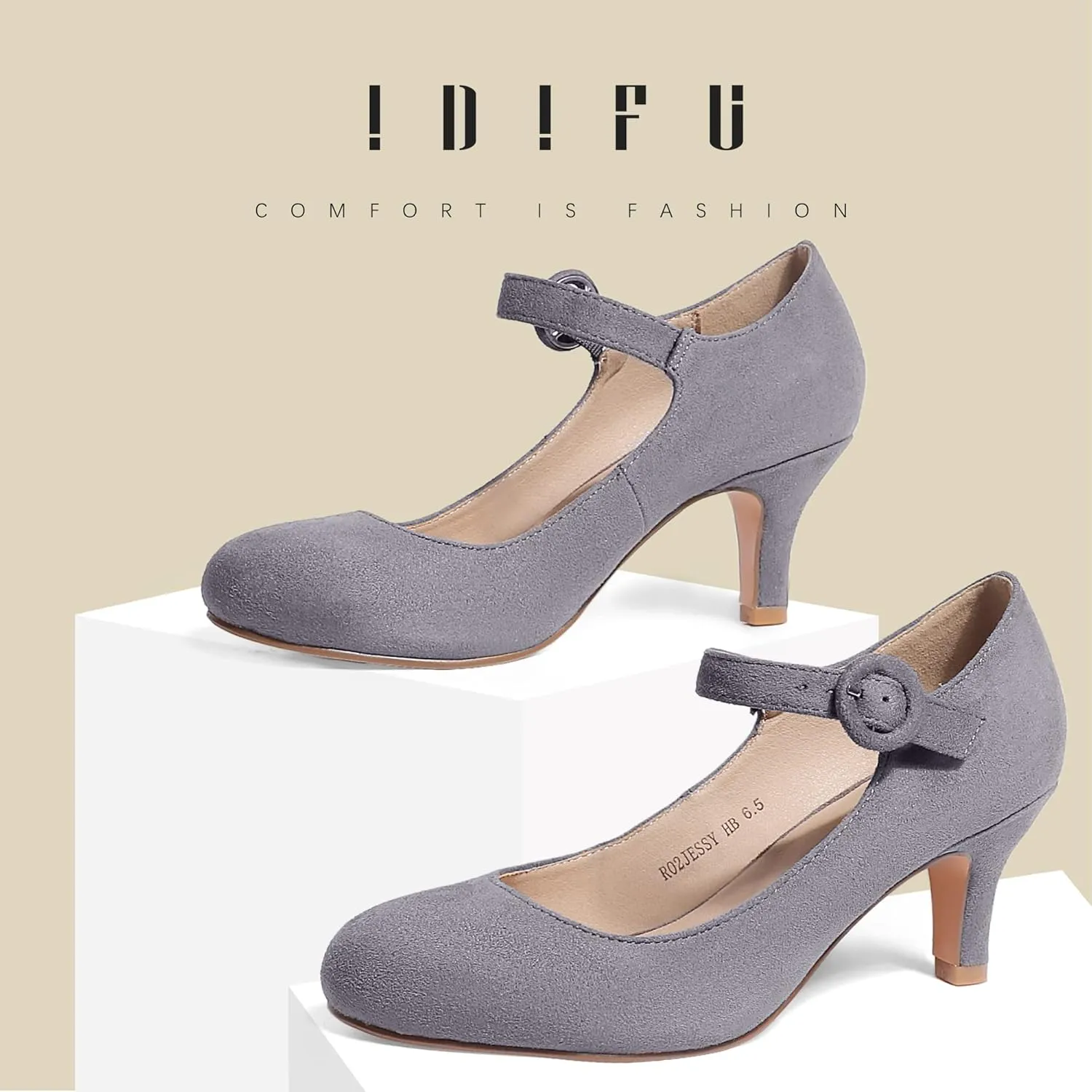 IDIFU Women's Jessy Dress Mary Jane Shoes Low Kitten Heels Closed Round Toe Office Work Wedding Pumps