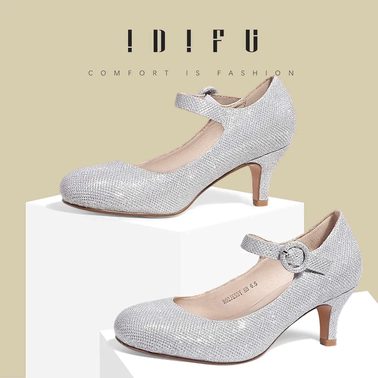 IDIFU Women's Jessy Dress Mary Jane Shoes Low Kitten Heels Closed Round Toe Office Work Wedding Pumps