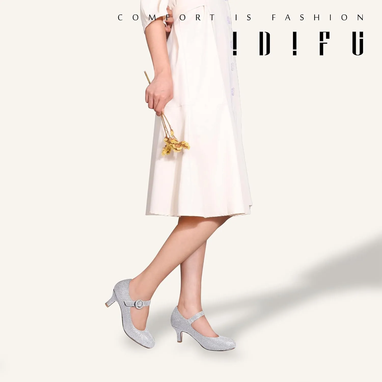 IDIFU Women's Jessy Dress Mary Jane Shoes Low Kitten Heels Closed Round Toe Office Work Wedding Pumps