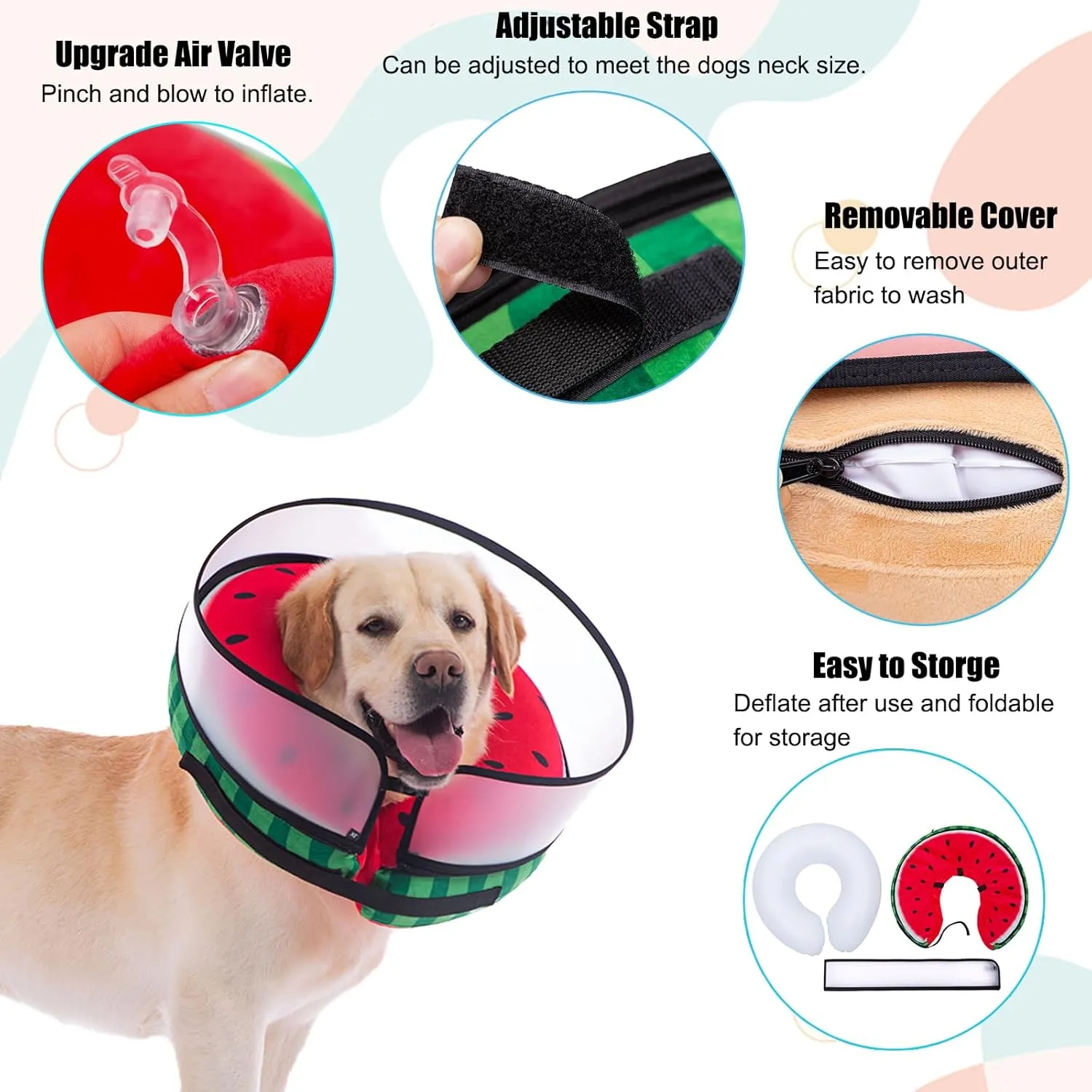 Inflatable Dog Cone Collar with Enhanced Anti-Licking, Soft Neck Donut for Dogs Cats, Recovery Pet Cone Collar After Surgery for Large Medium Small Dogs… (Watermelon, Large)