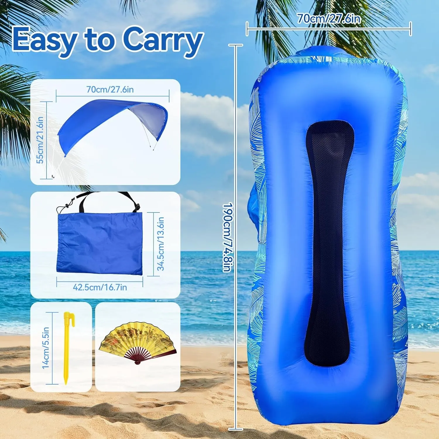 Inflatable Lounger Air Sofa with Sun Shade Cover Waterproof Inflatable Couch Chair for Camping Beach Hiking Backyard, Easy to Set Up Inflatable Couch (Blue)