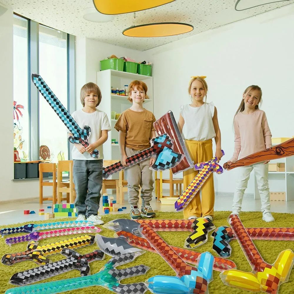 Inflatable Toys Weapon Crafting Pixel Diamond Swords Fun Pirate Party Favors Cheering Prop, 6 Pack Blow Up Swords Knives Weapons For Halloween Carnival Cosplay Birthday Video Games Swimming Pool Beach