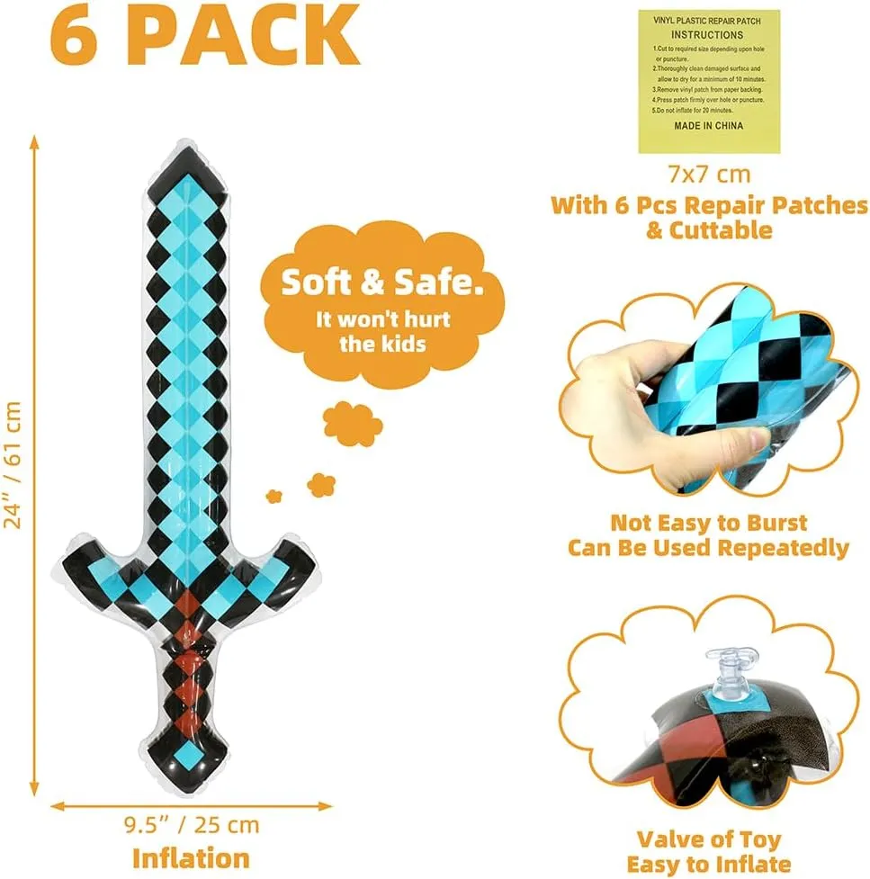 Inflatable Toys Weapon Crafting Pixel Diamond Swords Fun Pirate Party Favors Cheering Prop, 6 Pack Blow Up Swords Knives Weapons For Halloween Carnival Cosplay Birthday Video Games Swimming Pool Beach