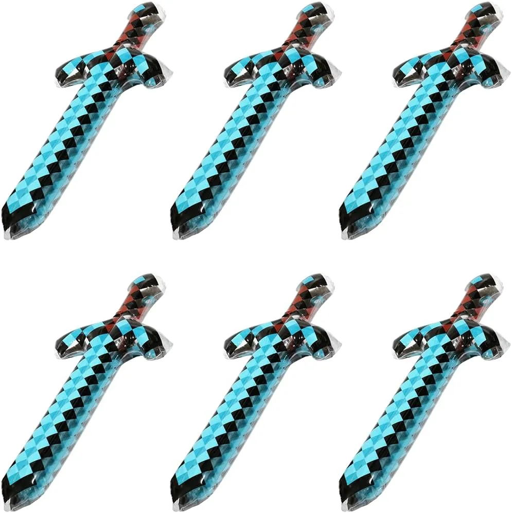 Inflatable Toys Weapon Crafting Pixel Diamond Swords Fun Pirate Party Favors Cheering Prop, 6 Pack Blow Up Swords Knives Weapons For Halloween Carnival Cosplay Birthday Video Games Swimming Pool Beach