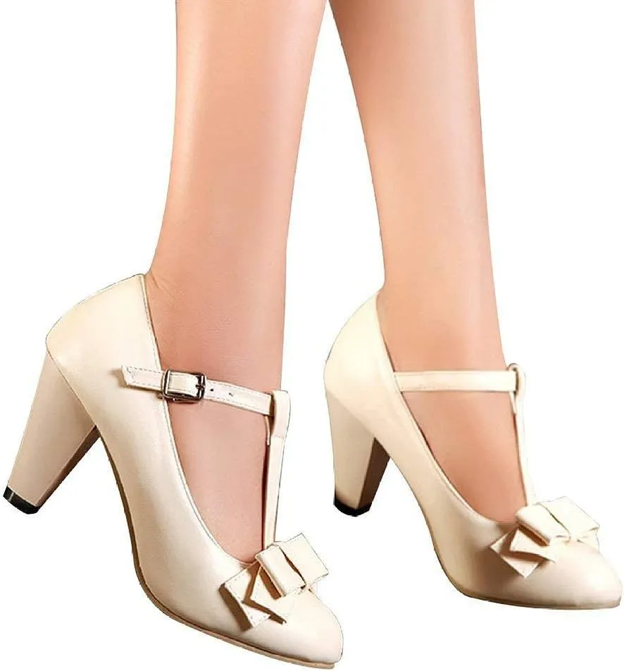 JITUUE Women's Chic Sweet Round Toe T-Strap Bows Adorable Buckle Lolita Cone Mary Janes Dress High Heel Pumps Shoes