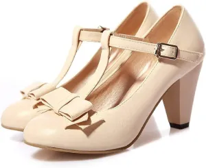 JITUUE Women's Chic Sweet Round Toe T-Strap Bows Adorable Buckle Lolita Cone Mary Janes Dress High Heel Pumps Shoes