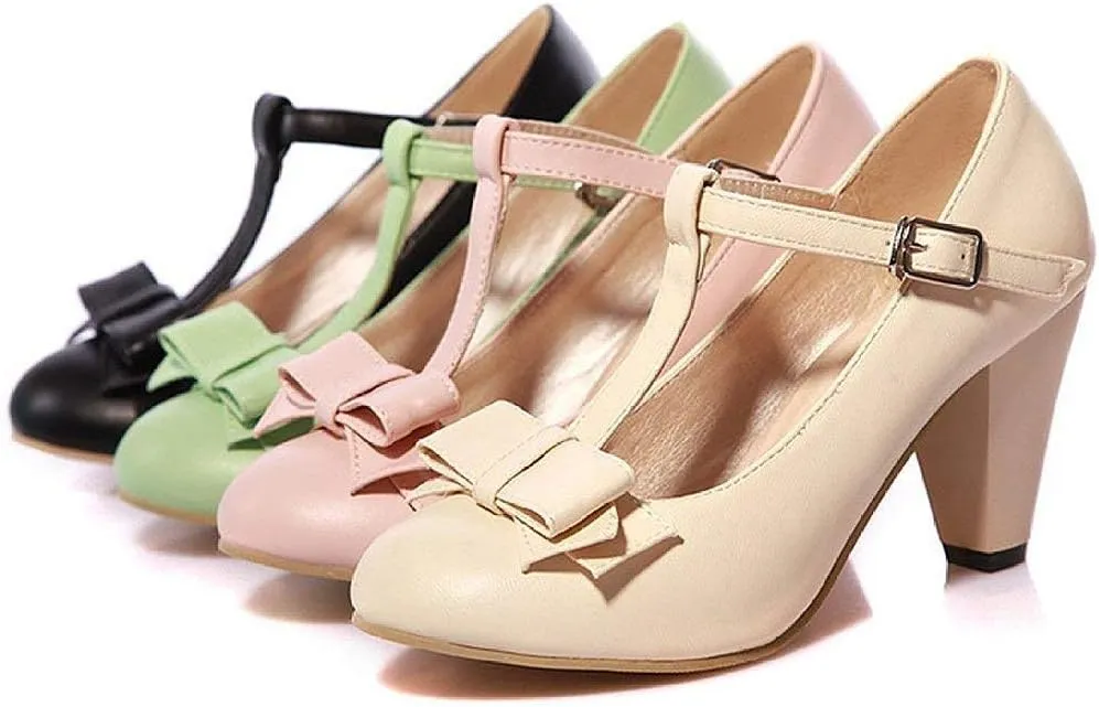 JITUUE Women's Chic Sweet Round Toe T-Strap Bows Adorable Buckle Lolita Cone Mary Janes Dress High Heel Pumps Shoes