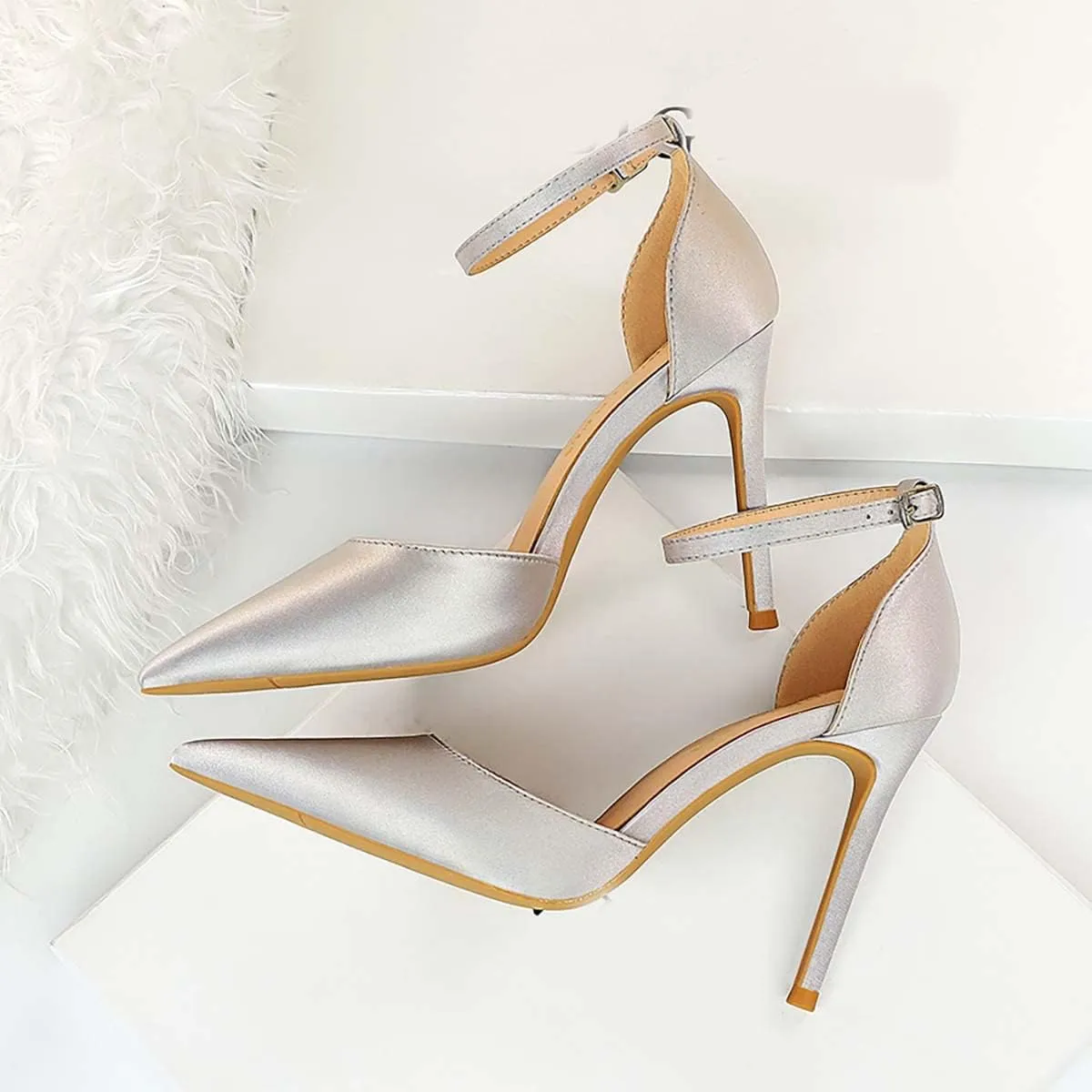 JOEupin Womens High Heels Point Toe D'Orsay Pumps Shoes Ankle Strap Heeled Sandals Stilettos Wedding Shoes