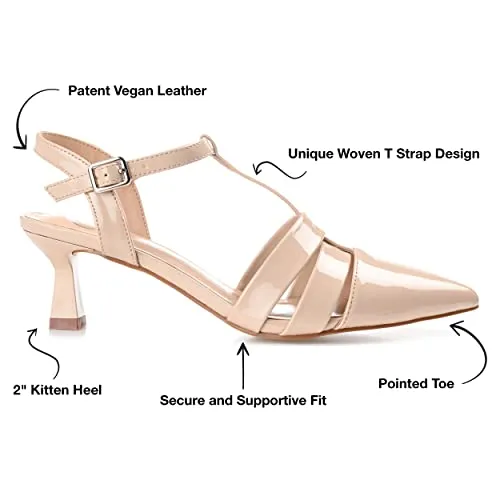 Journee Pointed Toe Kitten Heel Strappy Buckle Ankle Strap Pump for Women - Jazlynn Slingback Fashion Shoe Nude, 8.5