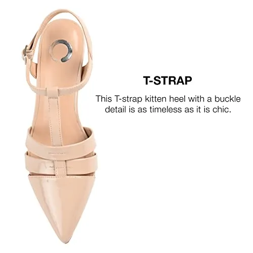 Journee Pointed Toe Kitten Heel Strappy Buckle Ankle Strap Pump for Women - Jazlynn Slingback Fashion Shoe Nude, 8.5