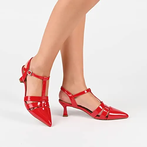 Journee Pointed Toe Kitten Heel Strappy Buckle Ankle Strap Pump for Women - Jazlynn Slingback Fashion Shoe Nude, 8.5