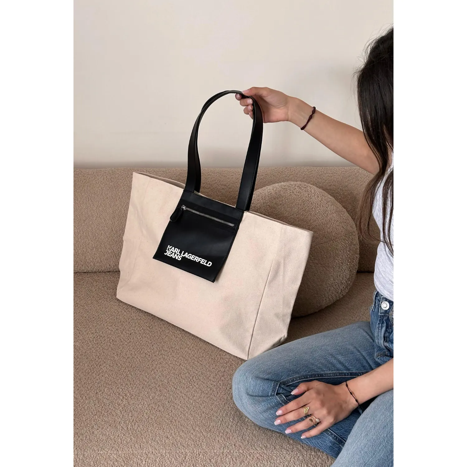 KARL LAGERFELD JEANS BEIGE TOTE MESH BAG