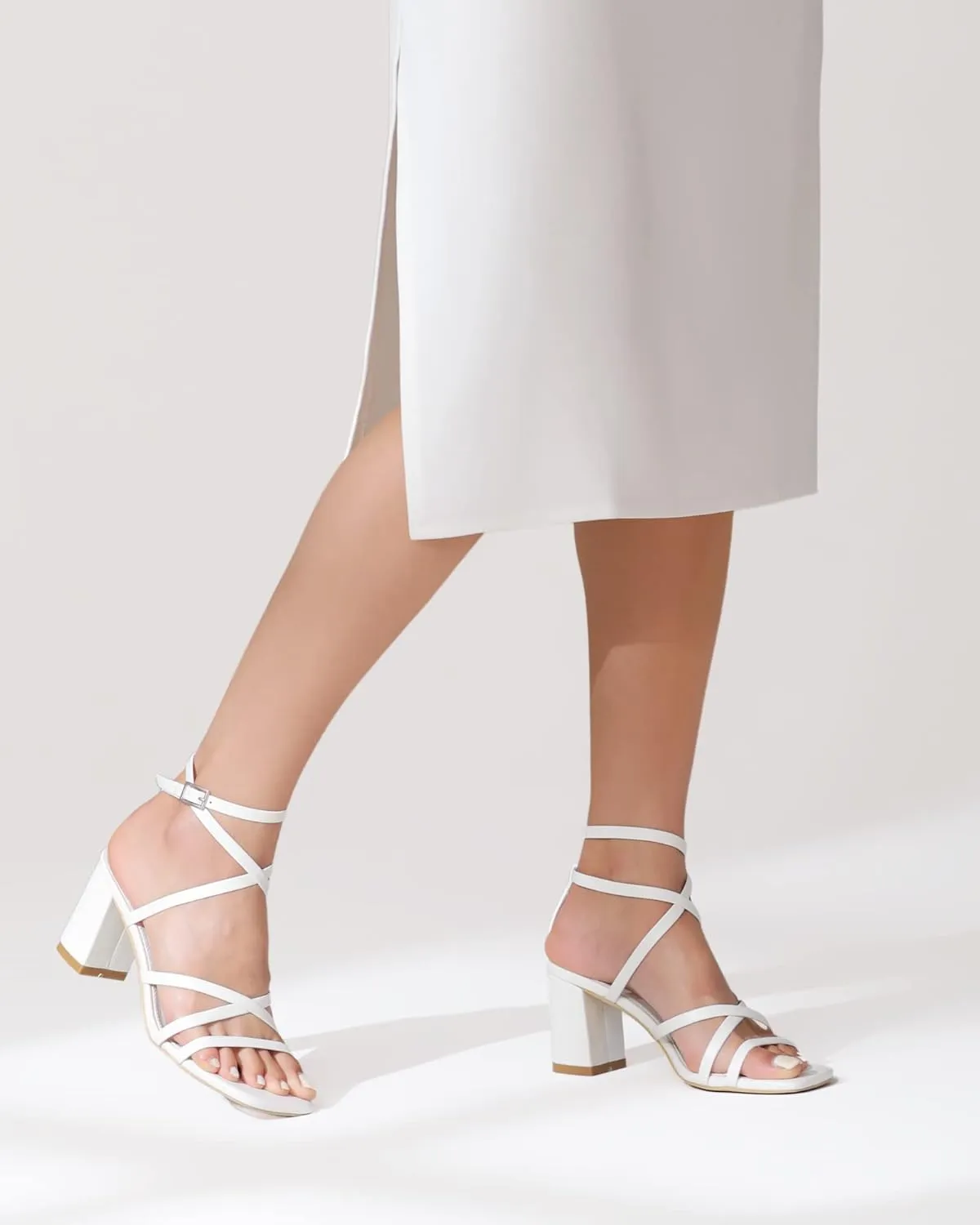 LACUONE Strappy Heels for women Square Toe Chunky Block Heels Ankle Buckle Pump Heeled Sandals