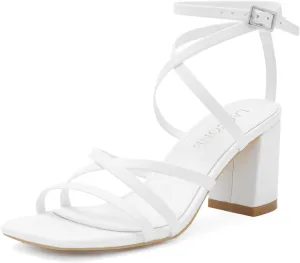 LACUONE Strappy Heels for women Square Toe Chunky Block Heels Ankle Buckle Pump Heeled Sandals