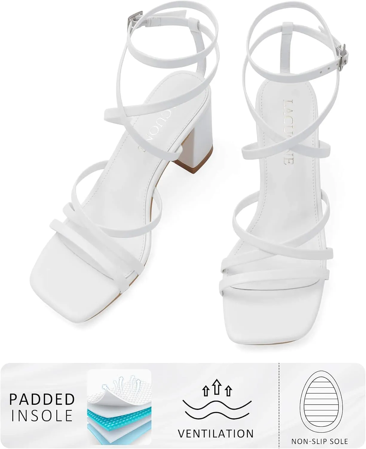 LACUONE Strappy Heels for women Square Toe Chunky Block Heels Ankle Buckle Pump Heeled Sandals