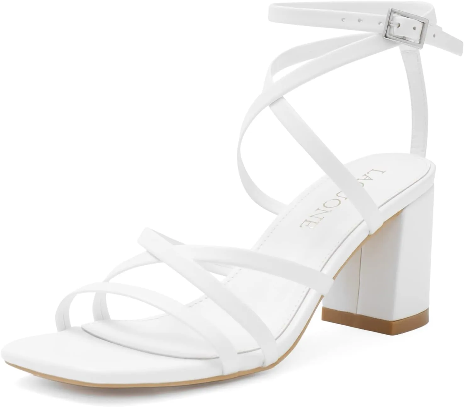 LACUONE Strappy Heels for women Square Toe Chunky Block Heels Ankle Buckle Pump Heeled Sandals