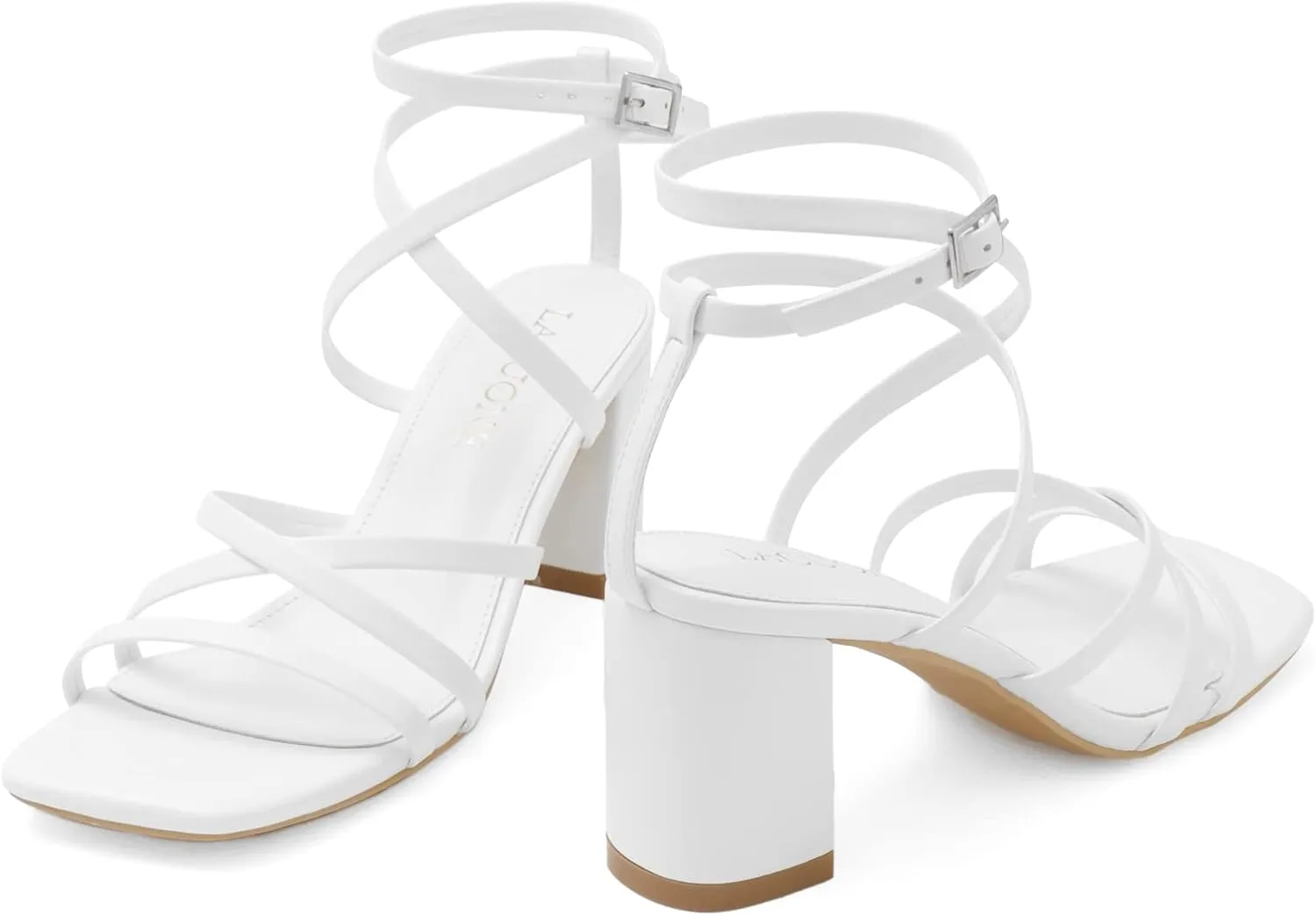 LACUONE Strappy Heels for women Square Toe Chunky Block Heels Ankle Buckle Pump Heeled Sandals