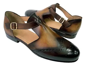 Mens Burnished Brown Handcrafted Italian Leather Luxury Single Buckle Sandals (11, Sandals, Brown)