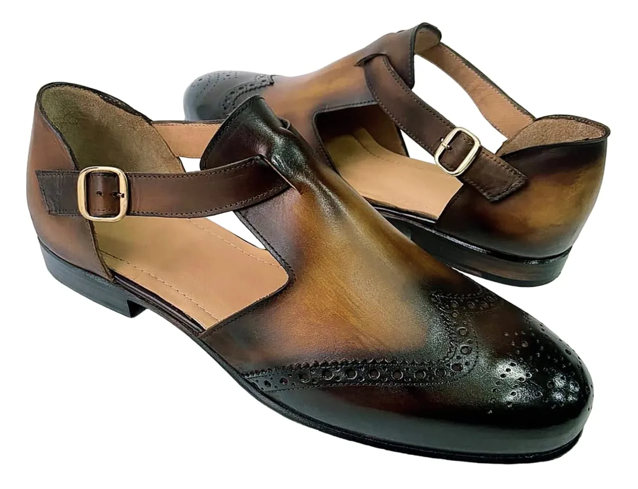 Mens Burnished Brown Handcrafted Italian Leather Luxury Single Buckle Sandals (11, Sandals, Brown)