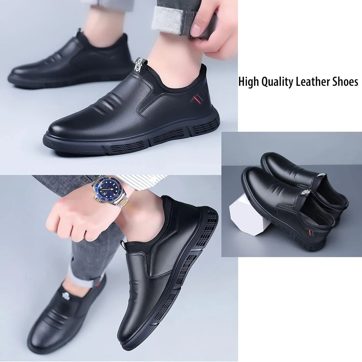Men's Leather Business Casual Slip On Loafers,Non-Slip Soft Sole Non-Stripe Oxford Derby Orthopedic Leather Shoes