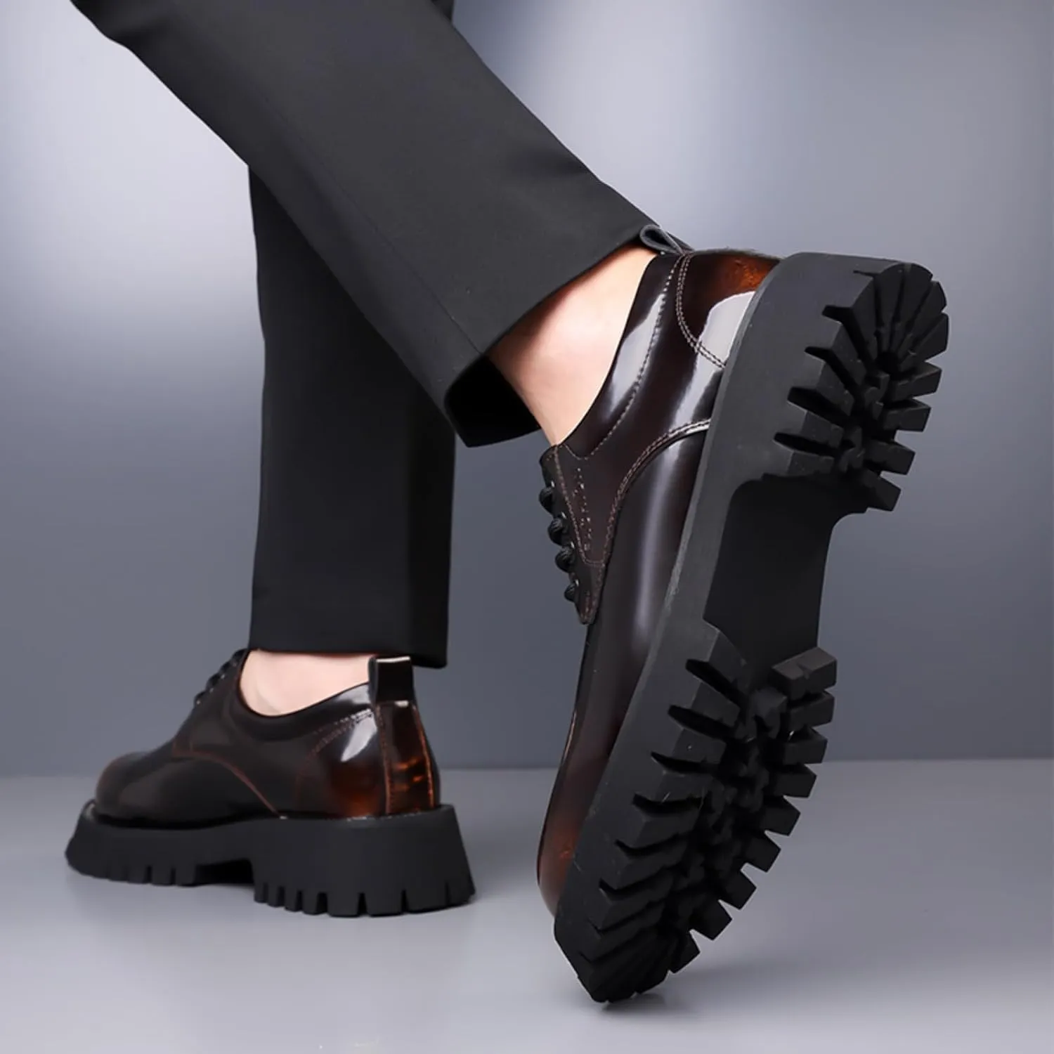 Mens Patent Leather Lace-Up Platform Dress Oxfords Shoes Casual Round Toe Non Slip Chunky Heels Derby Shoes for Formal Business Wedding