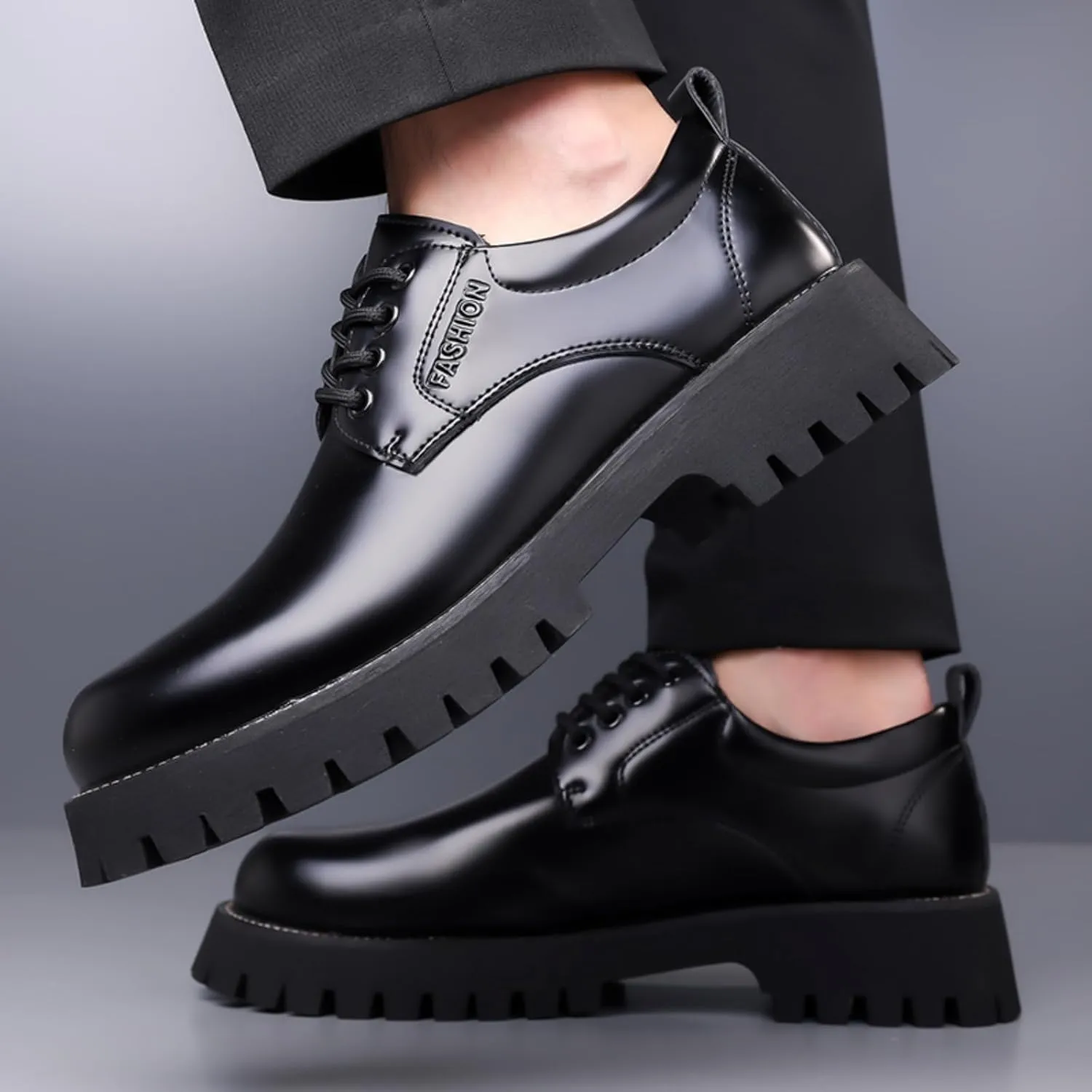 Mens Patent Leather Lace-Up Platform Dress Oxfords Shoes Casual Round Toe Non Slip Chunky Heels Derby Shoes for Formal Business Wedding