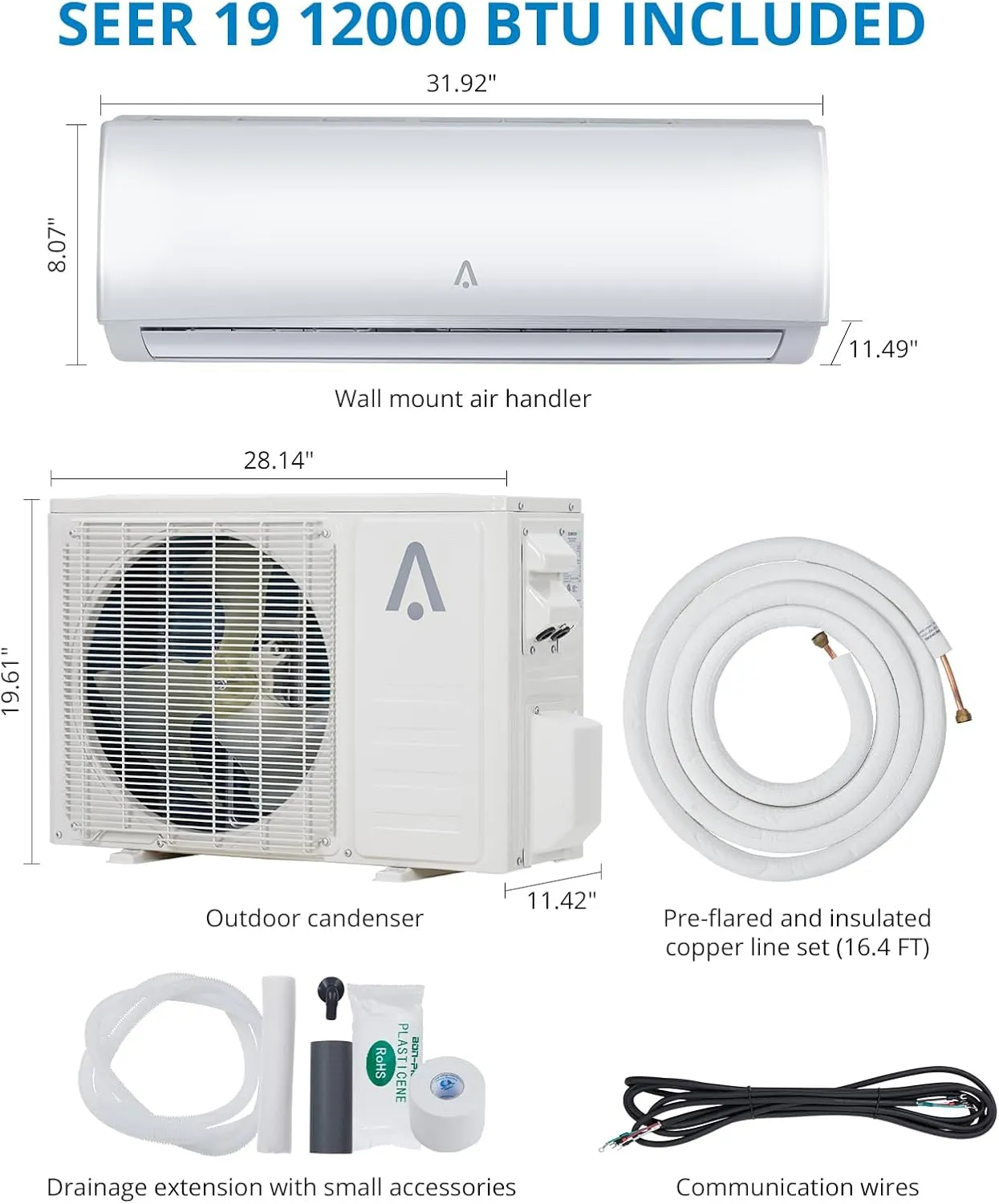 Mini Split Ac/Heating System,19 SEER2 12000 BTU Mini Split AC, Inverter Ductless Air Conditioner w/Wifi,Remote Contro& Pre-Charged,230V Mini Splits Heating and Cooling up to 450 Sq. Ft