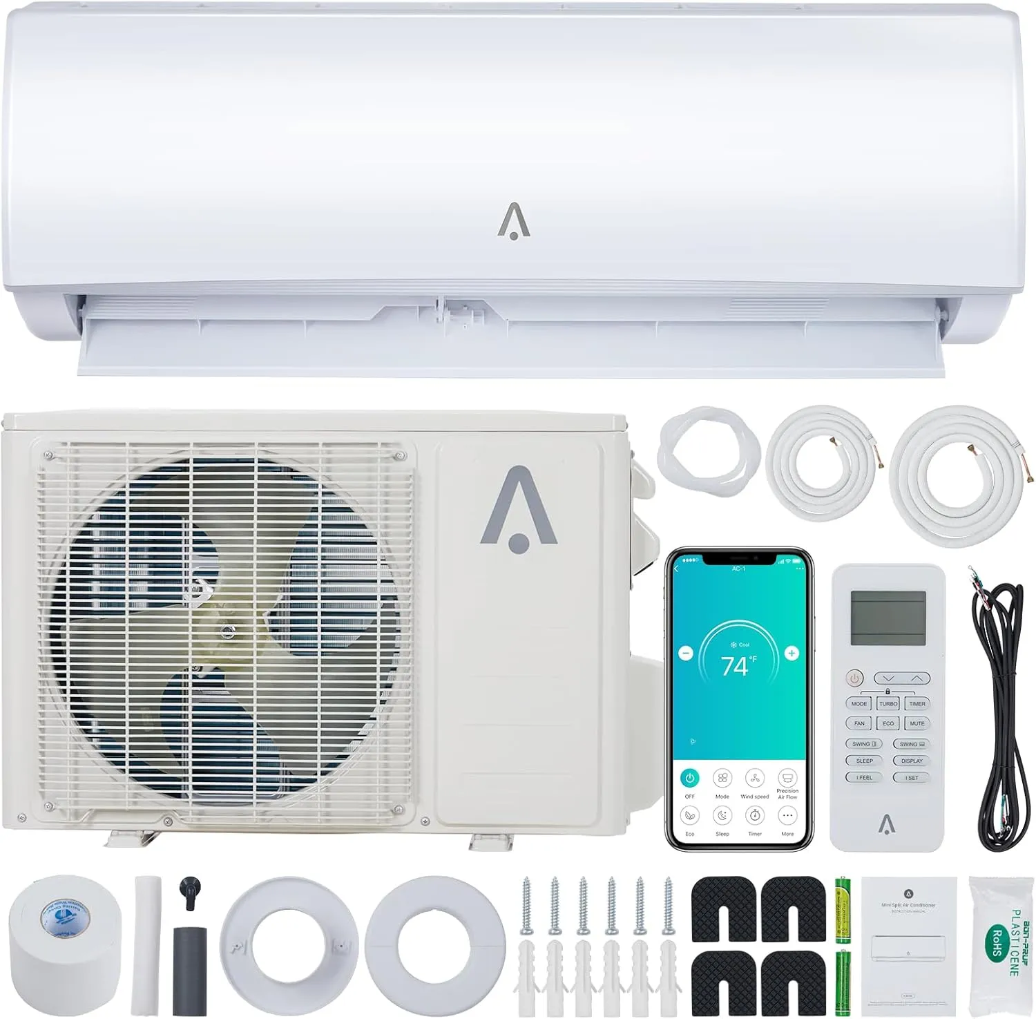 Mini Split Ac/Heating System,19 SEER2 12000 BTU Mini Split AC, Inverter Ductless Air Conditioner w/Wifi,Remote Contro& Pre-Charged,230V Mini Splits Heating and Cooling up to 450 Sq. Ft