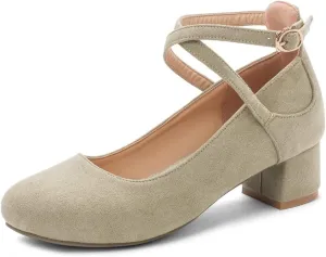 MIOKE Women's Square Toe Buckle Pump Loafer Slip-On Suede Chunky Block Mid Heel Casual Office Dress Shoes
