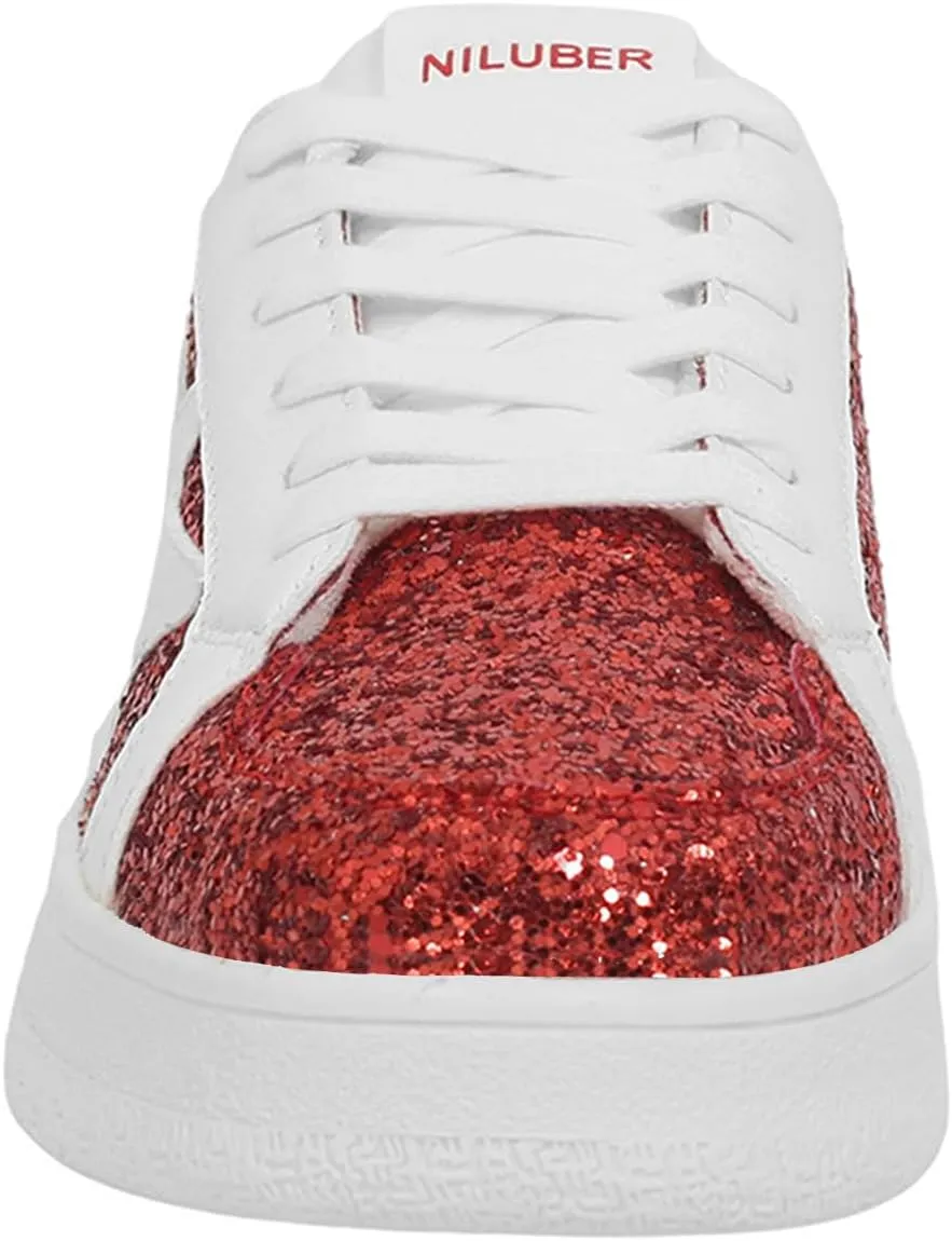 Niluber Star Sneakers for Women Low Top Comfortable Cushioned White Gold Sliver Leopard Platform Sneakers Lace Up Red Glitter Platform Party Shoes