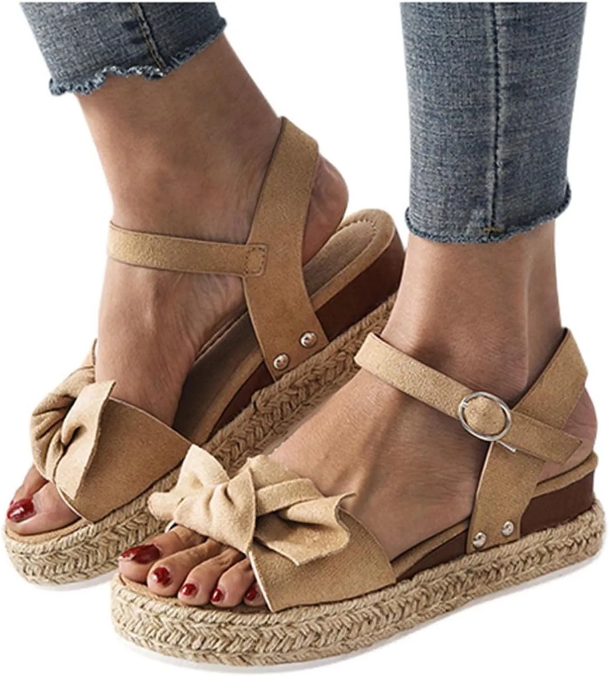 oiangi Espadrille Platform Sandals for Women Summer Casual Leopard Bow Ankle Strap Buckle Open Toe Studded Wedge Sandalias Comfortable Outdoor Shoes