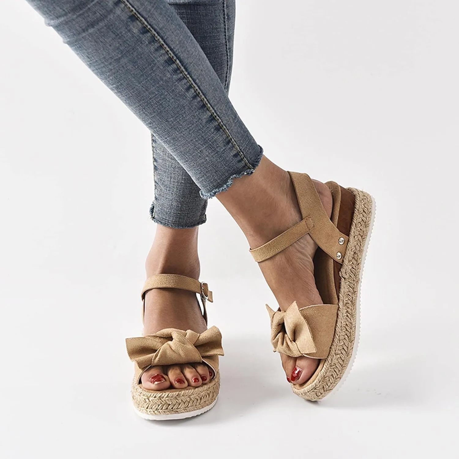 oiangi Espadrille Platform Sandals for Women Summer Casual Leopard Bow Ankle Strap Buckle Open Toe Studded Wedge Sandalias Comfortable Outdoor Shoes