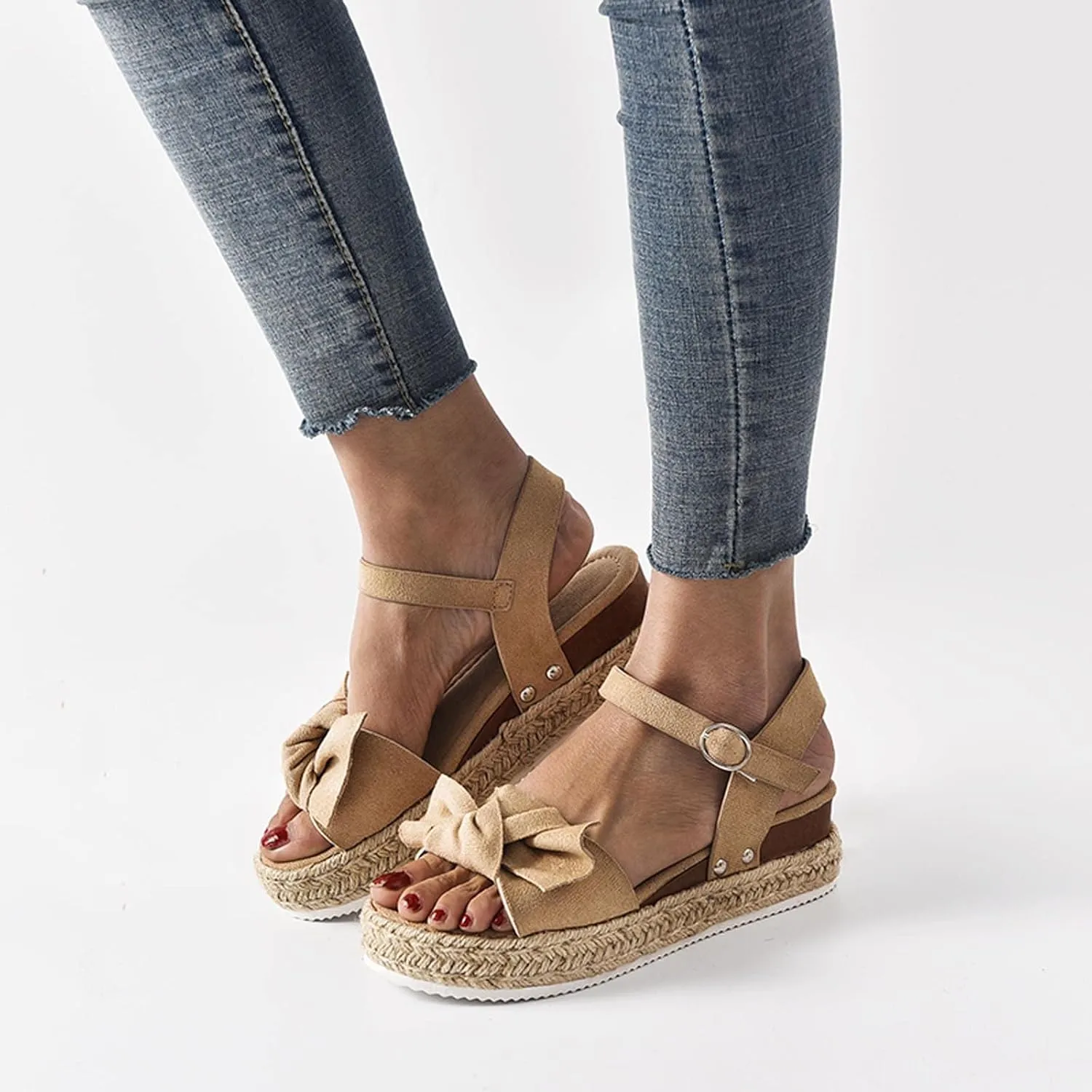 oiangi Espadrille Platform Sandals for Women Summer Casual Leopard Bow Ankle Strap Buckle Open Toe Studded Wedge Sandalias Comfortable Outdoor Shoes