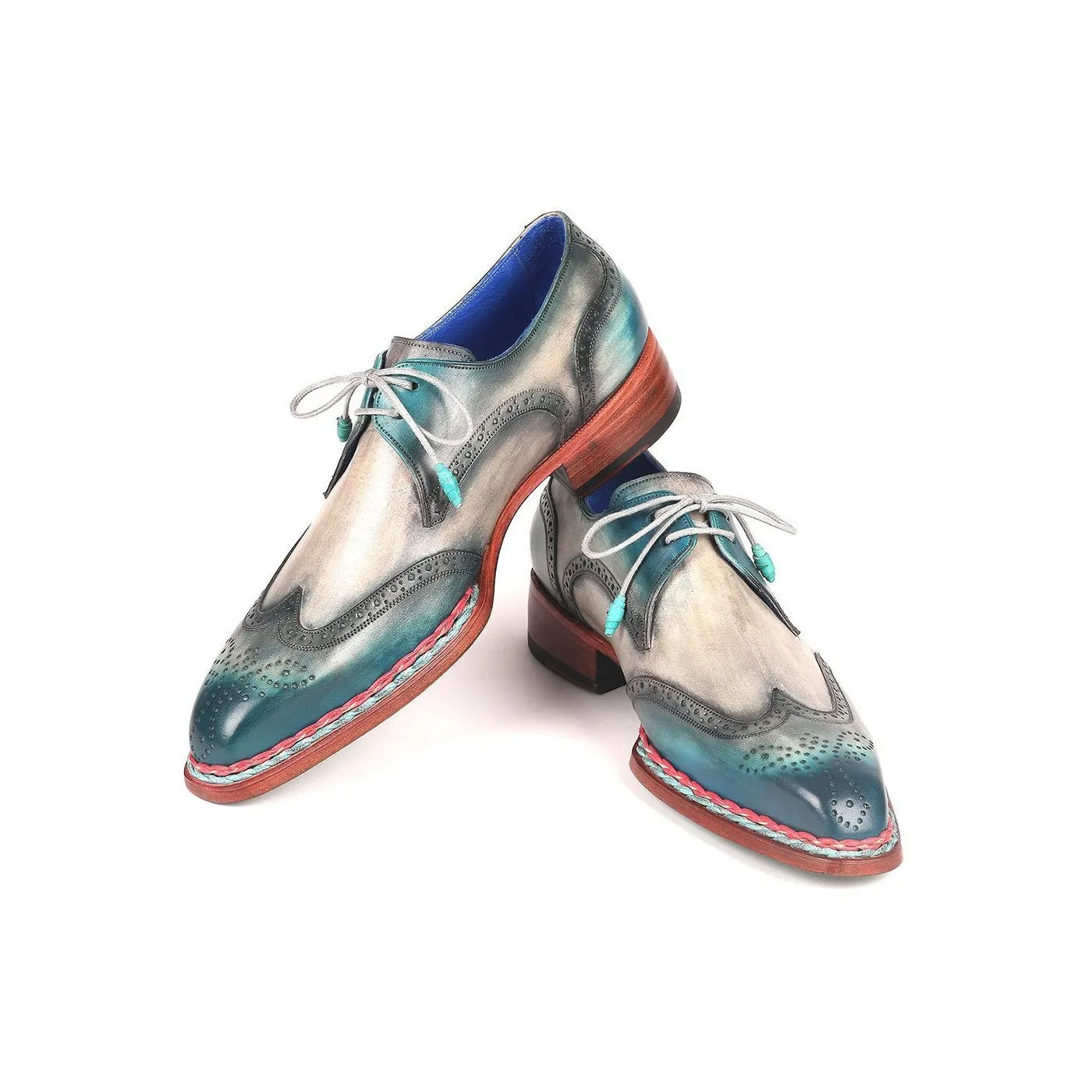 Paul Parkman 8506-BLU Men's Handmade Shoes Blue & Gray Calf-Skin Leather Norwegian Derby (PM6265)