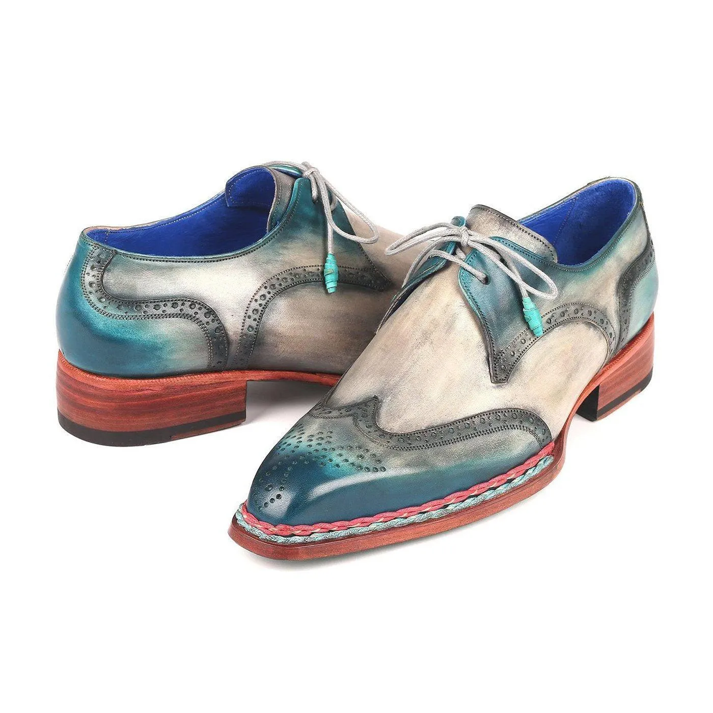 Paul Parkman 8506-BLU Men's Handmade Shoes Blue & Gray Calf-Skin Leather Norwegian Derby (PM6265)