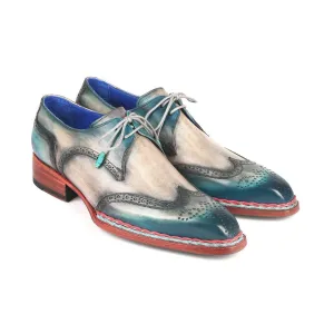 Paul Parkman 8506-BLU Men's Handmade Shoes Blue & Gray Calf-Skin Leather Norwegian Derby (PM6265)