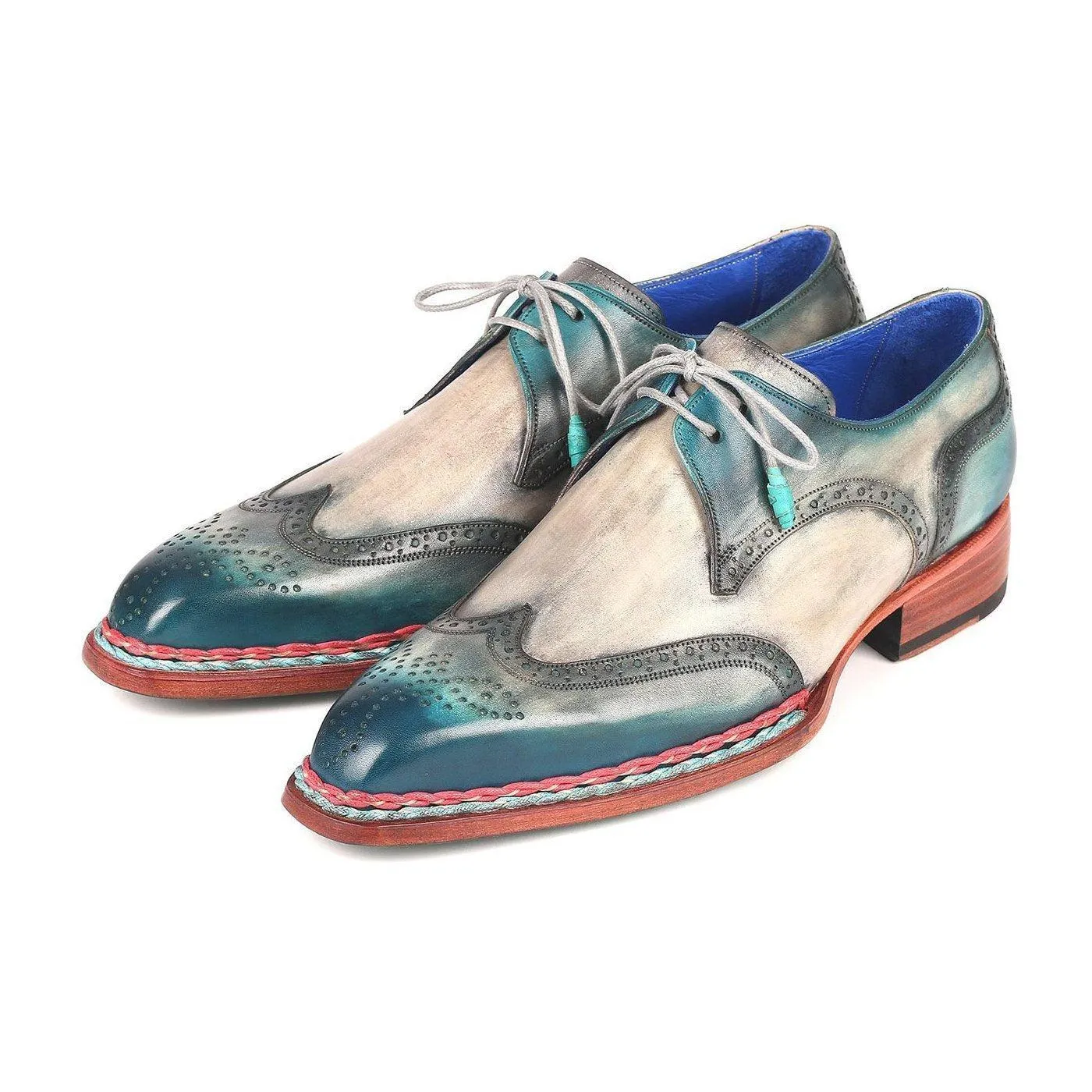 Paul Parkman 8506-BLU Men's Handmade Shoes Blue & Gray Calf-Skin Leather Norwegian Derby (PM6265)