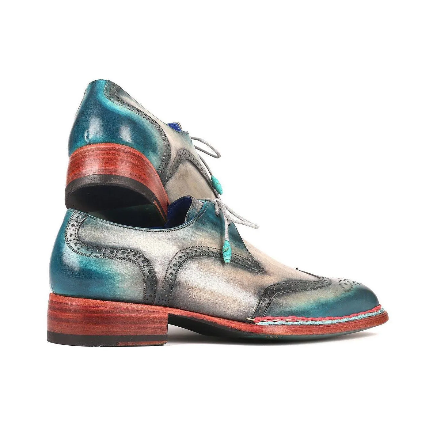 Paul Parkman 8506-BLU Men's Handmade Shoes Blue & Gray Calf-Skin Leather Norwegian Derby (PM6265)