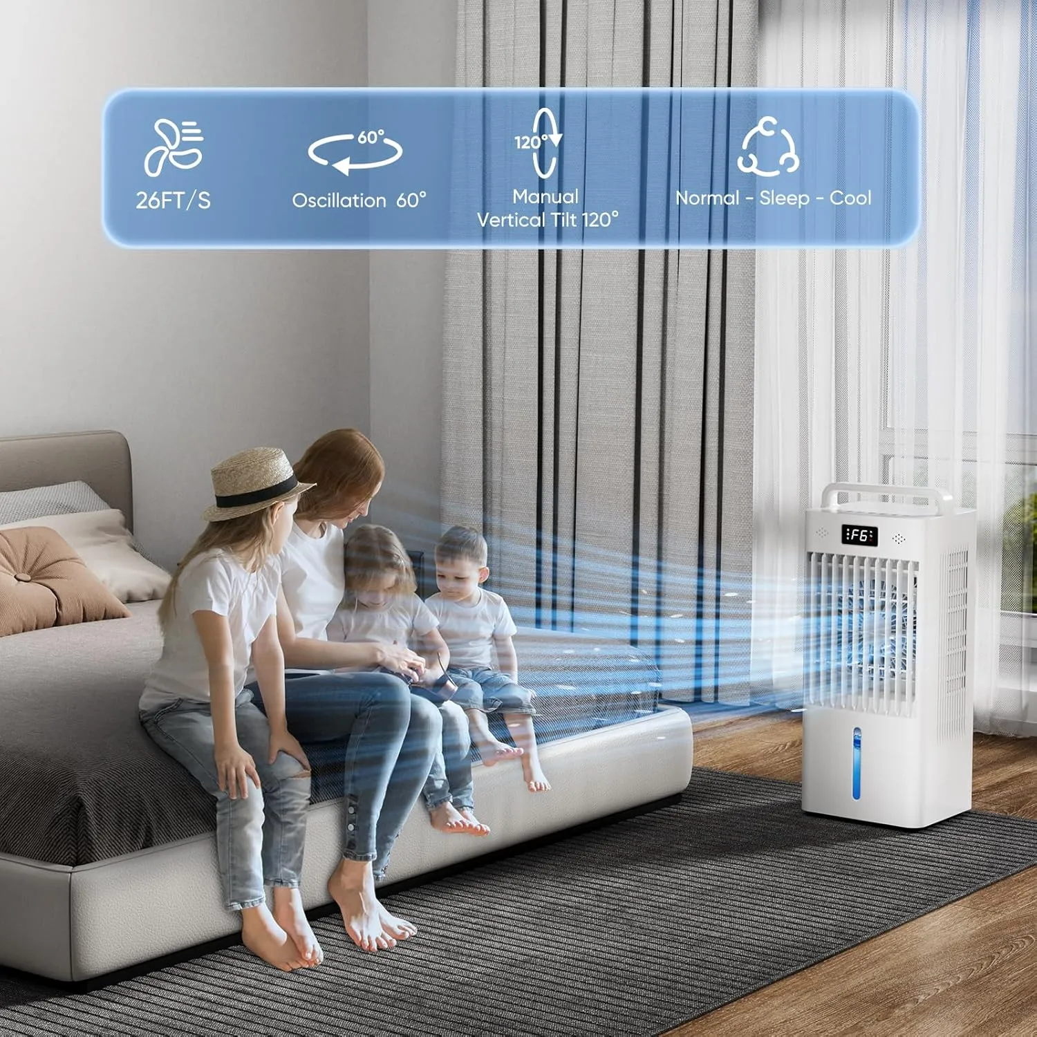 Portable Air Conditioners, 3-IN-1 Swamp Cooler, Evaporative Air Cooler, 6 Speeds & 3 Modes, 3-Gal Water Tank for Cooling, 16 FT/S Remote Control, Windowless Air Conditioner for Indoors
