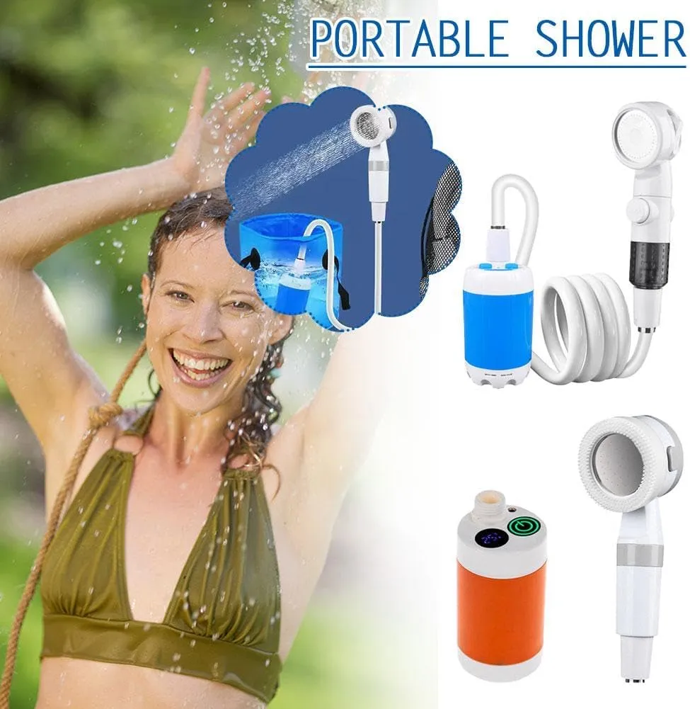 Portable Camping Shower Pump,Outdoor Camp Shower Pump with Portable Bucket,Upgrade Rechargeable Electric Shower Pump with Intelligent Multiple Spray Modes,for Camping,Hiking,Pet Cleaning