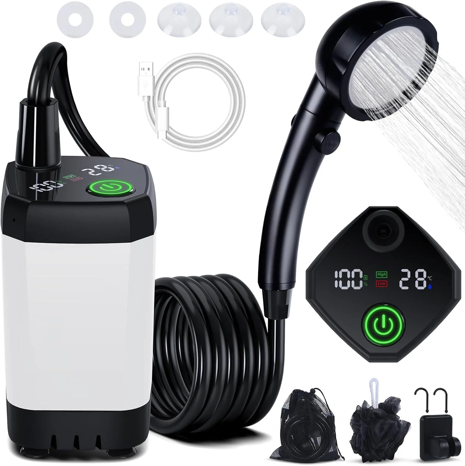 Portable Shower for Camping, [Long-Lasting] Spopal 6000mAh Rechargeable Camping Shower with Intelligent LED Display, 4 Spray Modes, IPX7 Waterproof Outdoor Camp Pump for Hiking, Travel, Car, Pet White