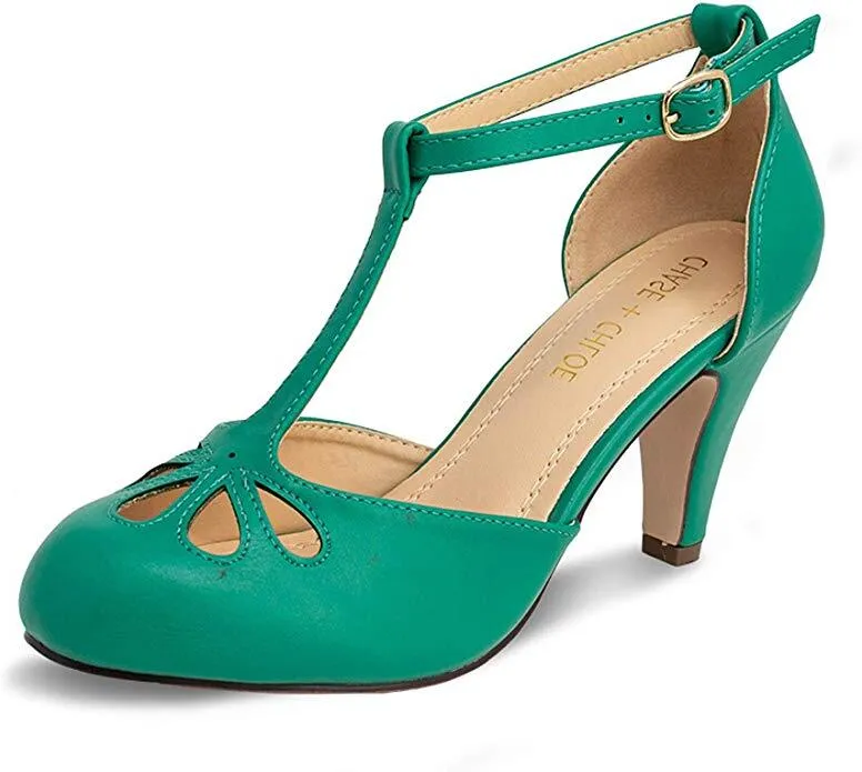 Pumps, Chloe T-Strap Unique assortment Kimmy-36 (5.5, Dark Green Heel Women's Teardrop & Mid Chase Recommended Dark Green)