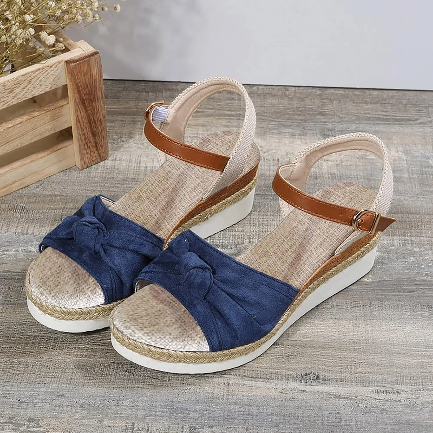 Sandals For Women 2025 Cute Bow Knot Wedge Espadrille Sandal Linen Cushion Open Toe Ankle Buckle Low Wedges Heels